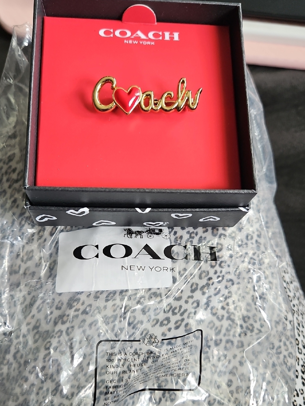 Coach Gold Script Brooch with Red Heart Accent